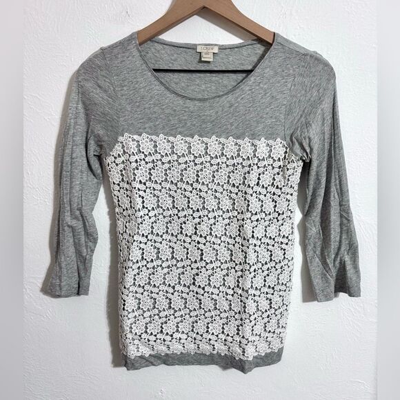 J. Crew lace crochet overlay 3/4 sleeve gray top, size XXS - Picture 1 of 6